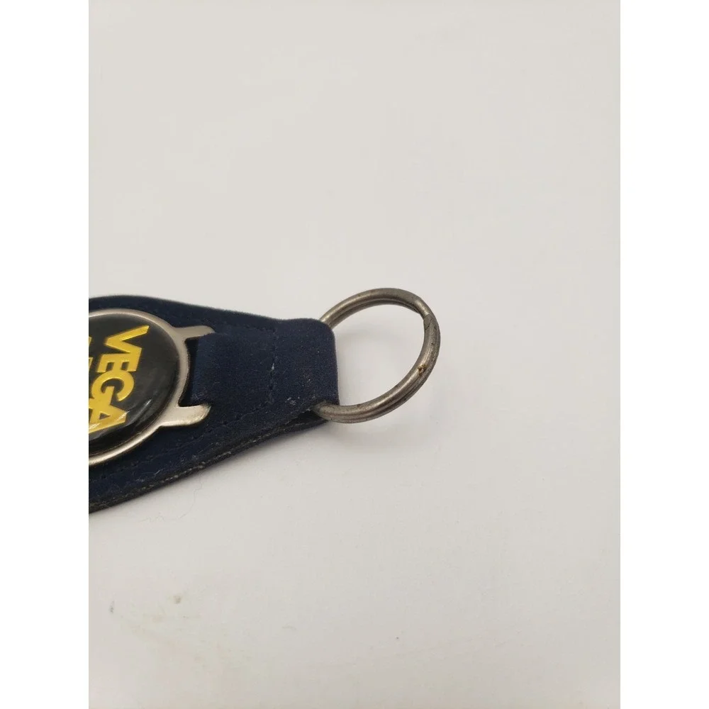 Vtg Chevrolet Vega Leather Keychain Key Fob Dark Blue Suede Teardrop Medallion